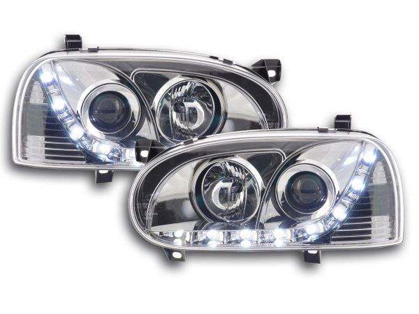 Scheinwerfer Set Daylight LED TFL-Optik VW Golf 3 Typ 1HXO 1EXO  91-97 chrom