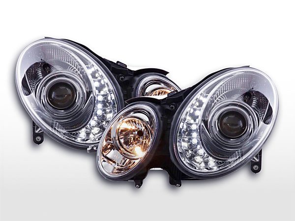 Scheinwerfer Set Daylight LED TFL-Optik Mercedes E-Klasse 211  02-06 chrom